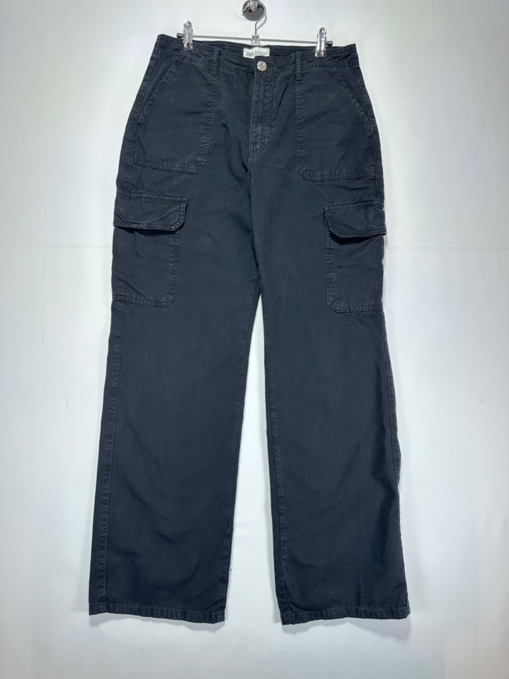 Zara Cargo Pants Black Straight Leg Utility Patch Pocket Size 8